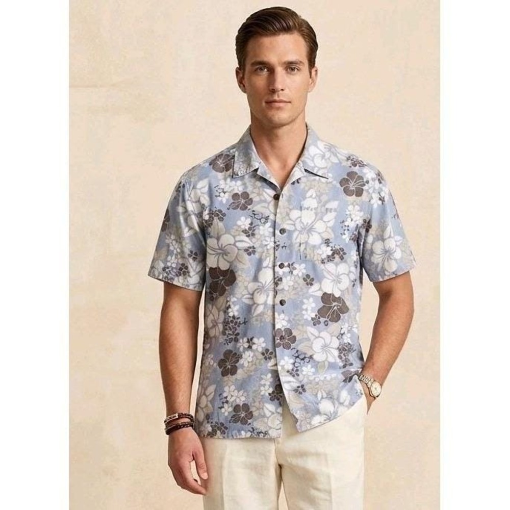 Vtg SRI Surf Hawaiian Shirt Men Large Made USA Floral Beach Resort Wear Blue Tan